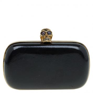 Pre Owned Alexander McQueen Black Patent Leather Skull Box Clutch