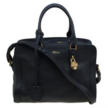 Pre Owned Alexander McQueen Black Grained Leather Padlock Tote