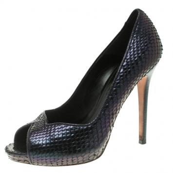 Pre Owned Alexander McQueen Two Tone Python Metallic Leather Peep Toe Platform Pumps Size 38