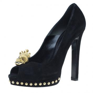 Pre Owned Alexander McQueen Black Suede Skull Embellished Peep Toe Pumps Size 38