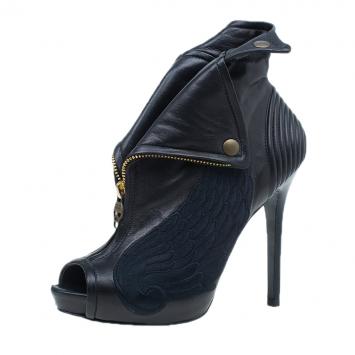 Pre Owned Alexander McQueen Black Leather Faithful Peep Toe Ankle Booties Size 37