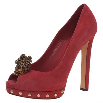 Pre Owned Alexander McQueen Red Suede Skull Embellished Platform Pumps Size 37.5 