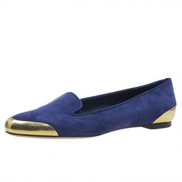 Pre Owned Alexander McQueen Navy Blue Suede Metal Cap Toe Smoking Slippers  Size 37.5