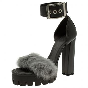 Pre Owned Alexander McQueen Grey Mink and Leather Buckle Detail  Ankle Strap Platform Sandals Size 38 