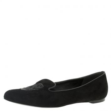 Pre Owned Alexander McQueen Black Suede Sequin Skull Smoking Slippers Size 38.5