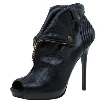 Pre Owned Alexander McQueen Black Leather Faithful Peep-Toe Ankle Boots Size 40.5