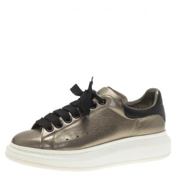 Pre Owned Alexander McQueen Metallic Grey Leather Platform Sneakers Size 39.5
