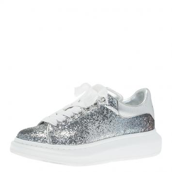 Pre Owned Alexander McQueen Silver Glitter Platform Lace Up Sneakers Size 37