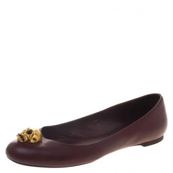 Pre Owned Alexander McQueen Maroon Leather Skull City Ballet Flats Size 38