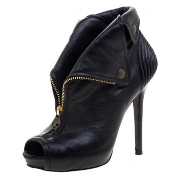 Pre Owned Alexander McQueen Black Leather Faithful Skull Peep Toe Ankle Boots Size 36