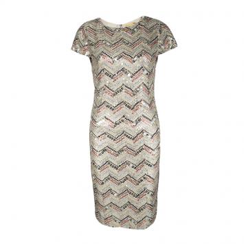 Pre Owned Alice + Olivia Beige Zig Zag Sequin Embellished Cap Sleeve Dress L