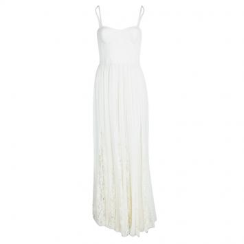 Pre Owned Alice + Olivia Cream Silk Lace Trim Detail Geneva Pleated Maxi Dress XS