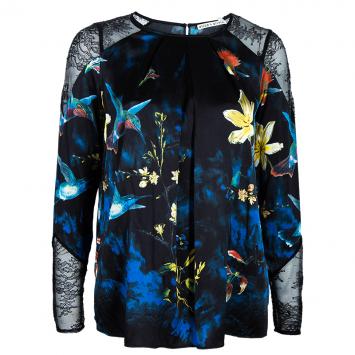 Pre Owned Alice + Olivia Black Bird Printed Satin and Lace Long Sleeve Top XS