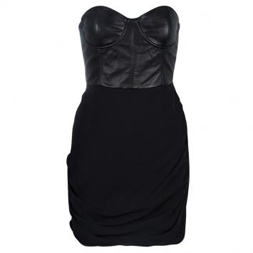 Pre Owned Alice + Olivia Roxanna Black Leather Bustier Gathered Dress M