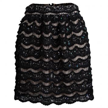 Pre Owned Alice + Olivia Black Sequin Embellished Lace Overlay Skirt S