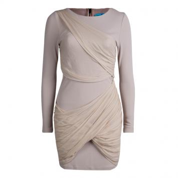 Pre Owned Alice + Olivia Beige Knit Draped Panel Detail Long Sleeve Dress M