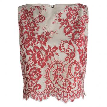 Pre Owned Alice + Olivia Beige Floral Embroidered Lace Cropped Top And Maxi Skirt Set M