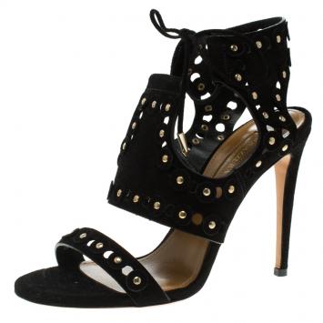 Pre Owned Aquazzura Black Studded  Suede Rebel Cutout Ankle Wrap Sandals Size 37