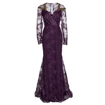Pre Owned Badgley Mischka Couture Purple Lace  Embellished Shoulder Detail Long Sleeve Gown M
