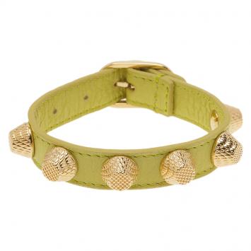 Pre Owned Balenciaga Arena Giant All Gold Tone Stud Green Leather Bracelet 