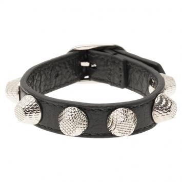 Pre Owned Balenciaga Arena Giant All Silver Tone Stud Grey Leather Bracelet 