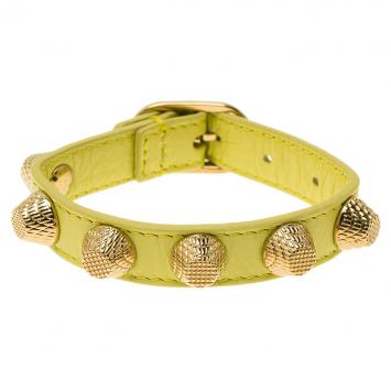 Pre Owned Balenciaga Arena Giant All Gold Tone Stud Lime Green Leather Bracelet 