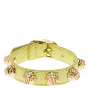 Pre Owned Balenciaga Arena Giant Stud Yellow Leather Gold Tone Bracelet Size M