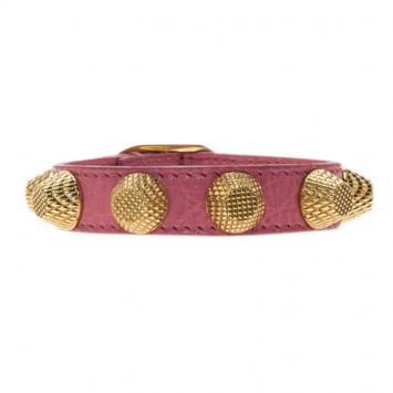 Pre Owned Balenciaga Arena Giant Gold Tone Studs Pink Leather Bracelet M