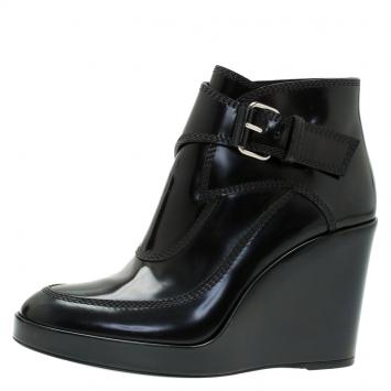 Pre Owned Balenciaga Black Leather Buckle Wedge Ankle Boots Size 36