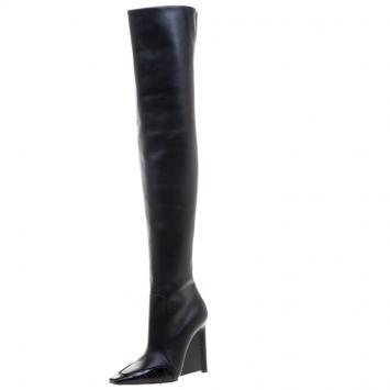 Pre Owned Balenciaga Black Leather and Croc Trim Over The Knee Boots Size 36