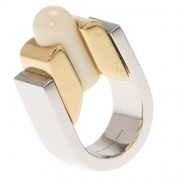 Pre Owned Balenciaga White Capsule Stone Two Tone Ring Size 56