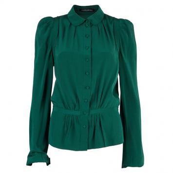 Pre Owned Balenciaga Green Silk Long Sleeve Blouse M