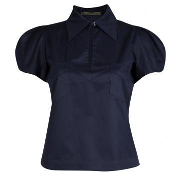 Pre Owned Balenciaga Navy Blue Puffed Sleeve Cotton Top M