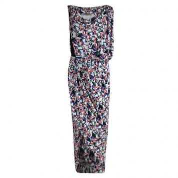 Pre Owned Balenciaga Multicolor Printed Silk Draped Asymmetrical Dress M