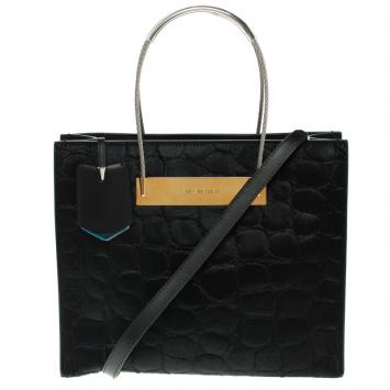 Pre Owned Balenciaga Black Croc Embossed Calfhair Cable Shopper Tote