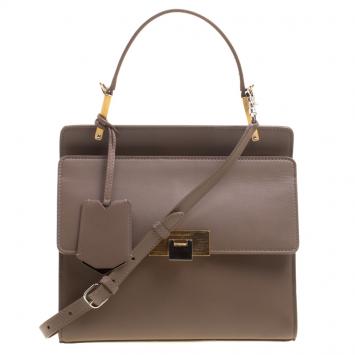 Pre Owned Balenciaga Dark Beige Leather Small Le Dix Top Handle Bag