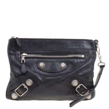 Pre Owned Balenciaga Black Leather GSH Flat Clutch