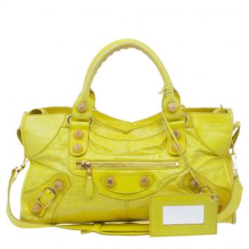 Pre Owned Balenciaga Yellow Lambskin Leather Giant 21 Gold City Bag
