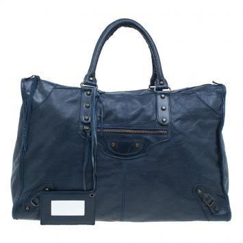 Pre Owned Balenciaga Dark Blue Leather Classic Weekender Bag