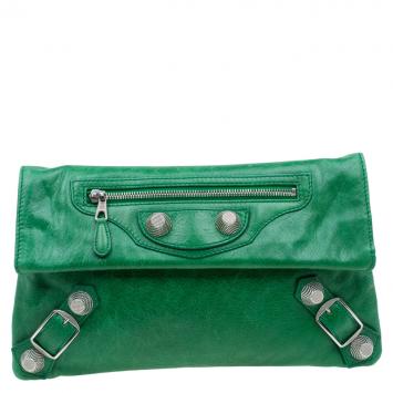 Pre Owned Balenciaga Green Leather Giant 21 Silver hardware Envelope Clutch