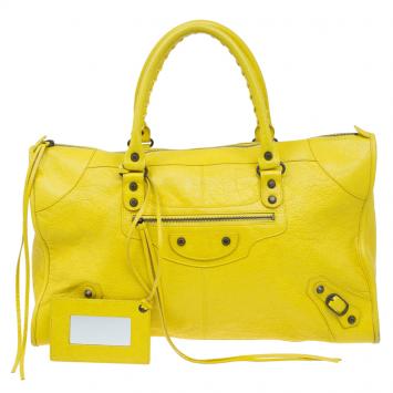 Pre Owned Balenciaga Yellow Lambskin Leather Classic RH Work Bag