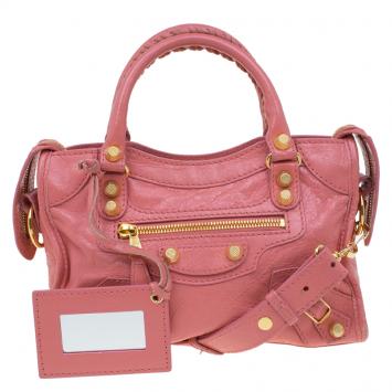 Pre Owned Balenciaga Pink Leather Mini City Gold Hardware Bag