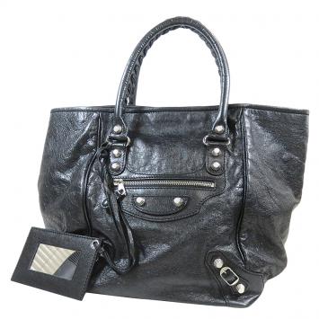 Pre Owned Balenciaga Black Lambskin Leather Giant 12 Silver Sunday S Tote