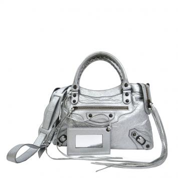 Pre Owned Balenciaga Silver Lambskin Leather Motorcycle Town Bag
