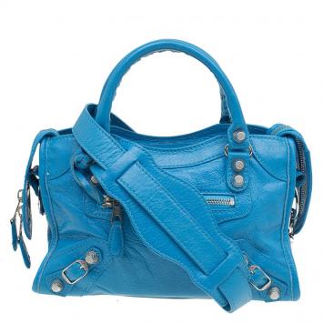 Pre Owned Balenciaga Sky Blue Leather Classic Silver Hardware Mini City Tote