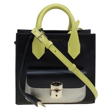 Pre Owned Balenciaga Black/Yellow Green Leather Padlock Mini All Afternoon Tote