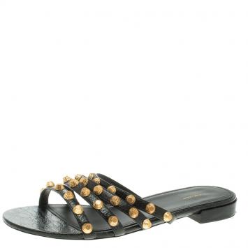 Pre Owned Balenciaga Black Studded Leather Arena Strappy Flat Slides Size 40