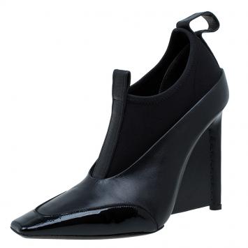 Pre Owned Balenciaga Black Leather and Neoprene Scuba Wedge Ankle Boots Size 38 