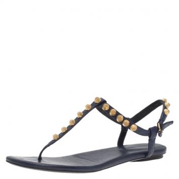 Pre Owned Balenciaga Blue Studded Leather Arena Thong Sandals Size 38.5