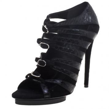 Pre Owned Balenciaga Black Suede and Python Multi Buckled Strappy Pumps Size 37.5